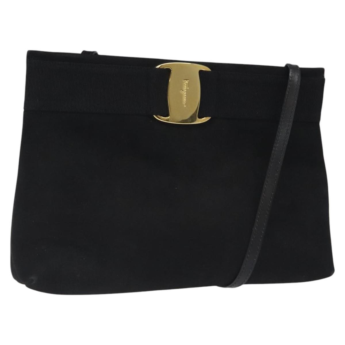 Salvatore Ferragamo Shoulder Bag Suede Black Gold Auth Nb434